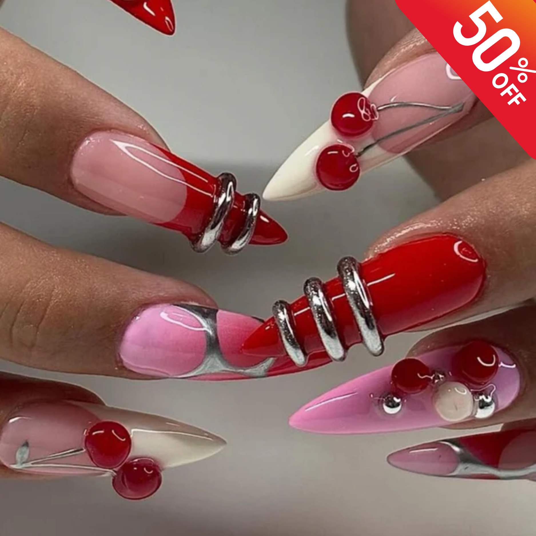 Cherry Bomb Press On Nails | Red & Pink Fruit-Inspired Nail Art | Handmade 3D Stiletto Nail Set | Cute Fruit-Inspired Nails