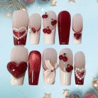 Cherry Heart Press-On Nails, Red and Nude 3D Nail Set with Pearls, Glossy Hearts &amp; Bows — Handmade Romantic Nail Art for Women