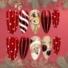 Santa &amp; Reindeer Christmas Press-On Nails, Red Chrome Holiday Nail Set with 3D Candy Cane, Rudolph, and Ornament Designs