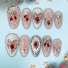 Strawberry Pearl Press-On Nails, Sheer Pink Glitter Set with 3D Berries, Silver Lace Frames &amp; Bow Chains — Elegant Reusable Nail Art