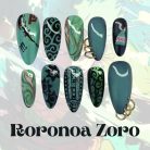 Roronoa Zoro Wano Nails – One Piece Anime Press-On Set, Abstract Green Design &amp; Piercings | Dragonnail