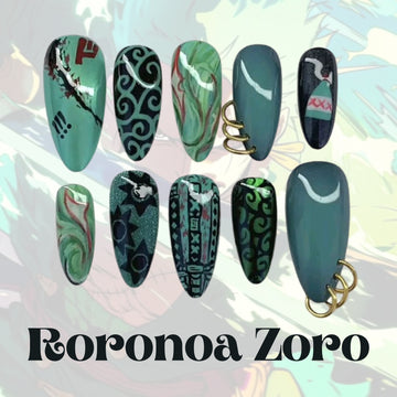 Roronoa Zoro Wano Nails – One Piece Anime Press-On Set, Abstract Green Design &amp; Piercings | Dragonnail