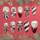 Candy Cane Christmas Press-On Nails, Red and White Glitter Holiday Nail Set with 3D Bows, Snowflakes, and Rhinestones