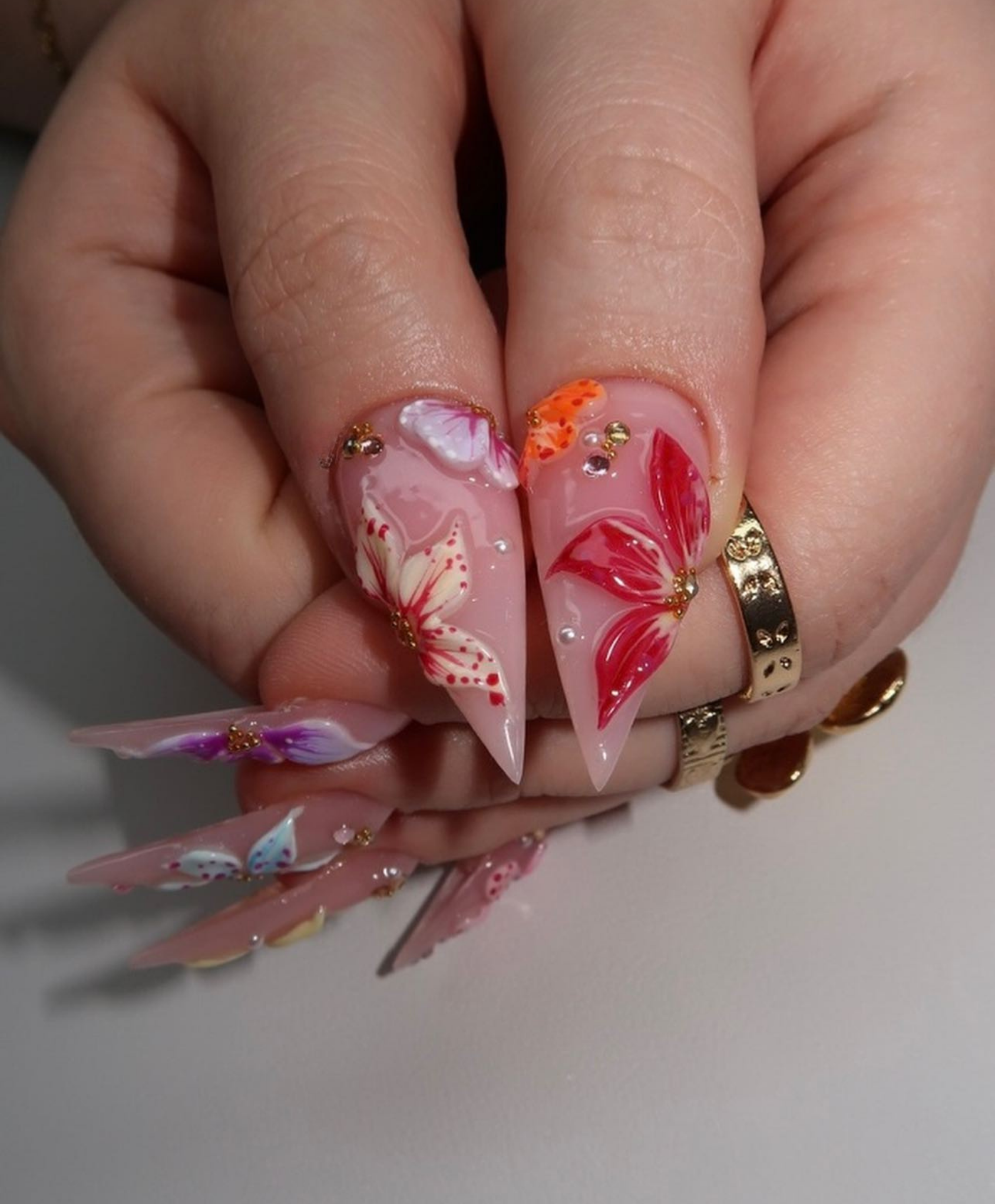 Handmade 3D Colorful Flower Long Stiletto Press On Nails - Rainbow Floral Nail Art - Luxury Summer Garden Fake Nails for Vacation & Events