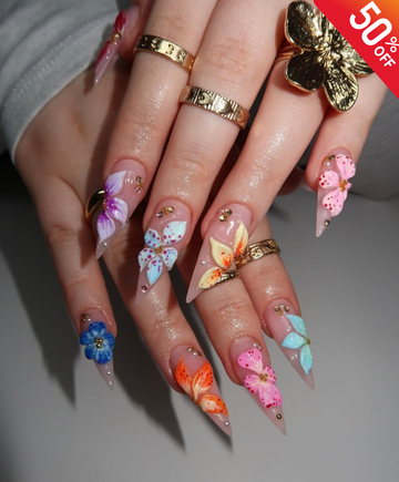 Handmade 3D Colorful Flower Long Stiletto Press On Nails - Rainbow Floral Nail Art - Luxury Summer Garden Fake Nails for Vacation & Events