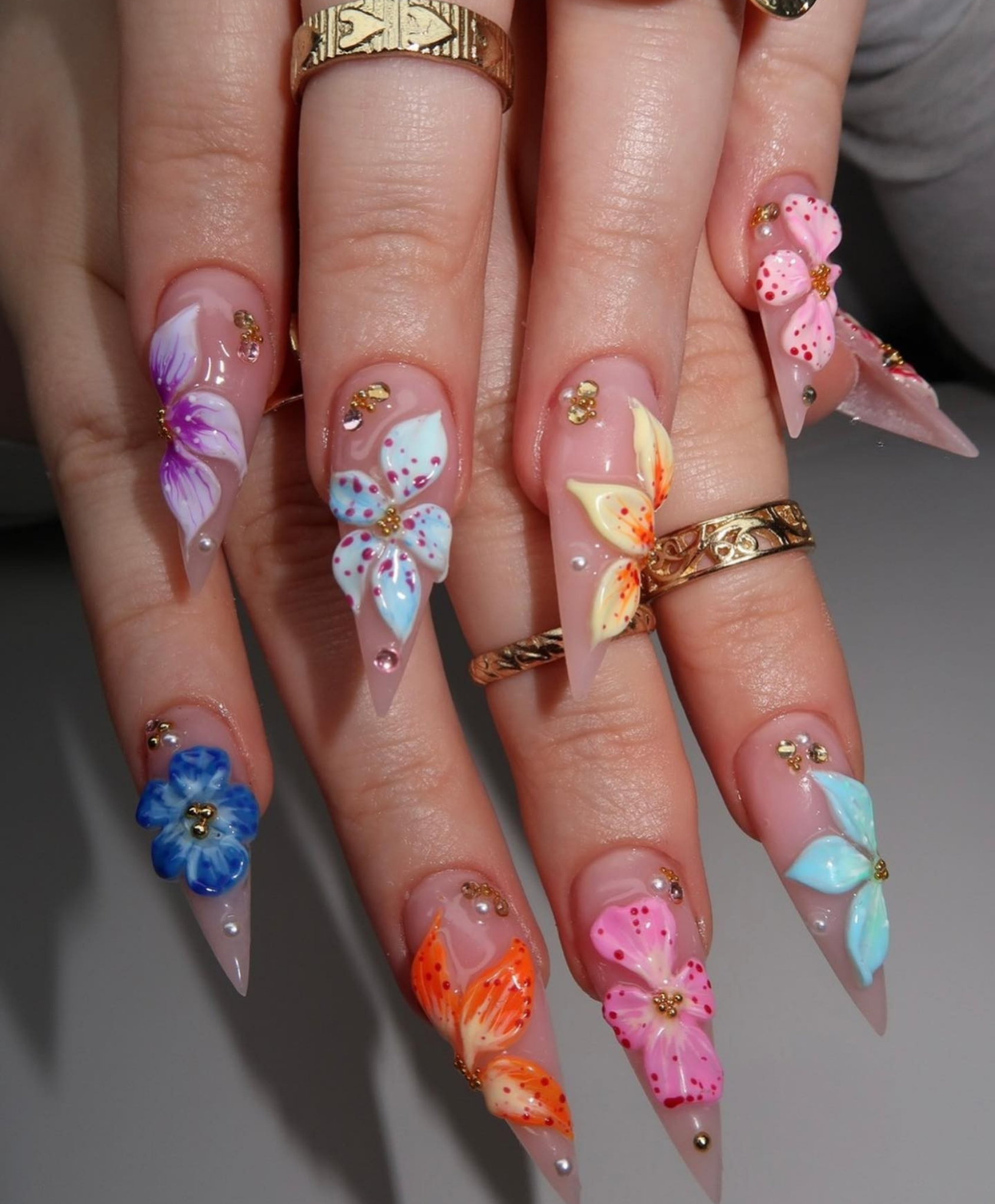 Handmade 3D Colorful Flower Long Stiletto Press On Nails - Rainbow Floral Nail Art - Luxury Summer Garden Fake Nails for Vacation & Events