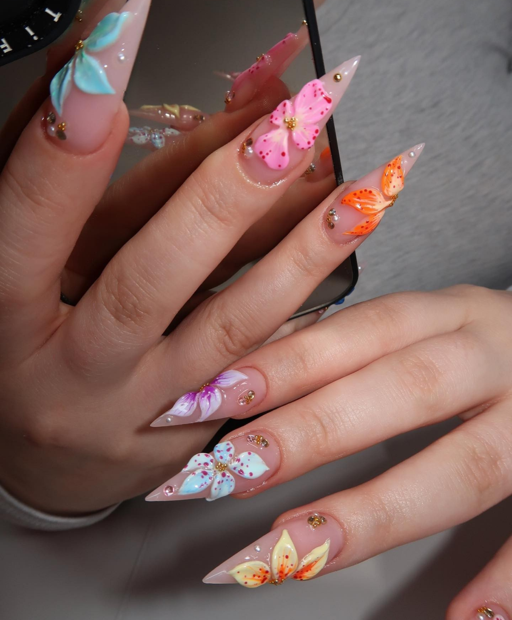 Handmade 3D Colorful Flower Long Stiletto Press On Nails - Rainbow Floral Nail Art - Luxury Summer Garden Fake Nails for Vacation & Events