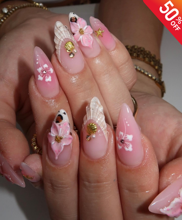 Handmade 3D Seashell & Pink Hibiscus Almond Press On Nails - Tropical Beach Mermaid Nails - Luxury Summer Vacation Nails for Party & Holiday