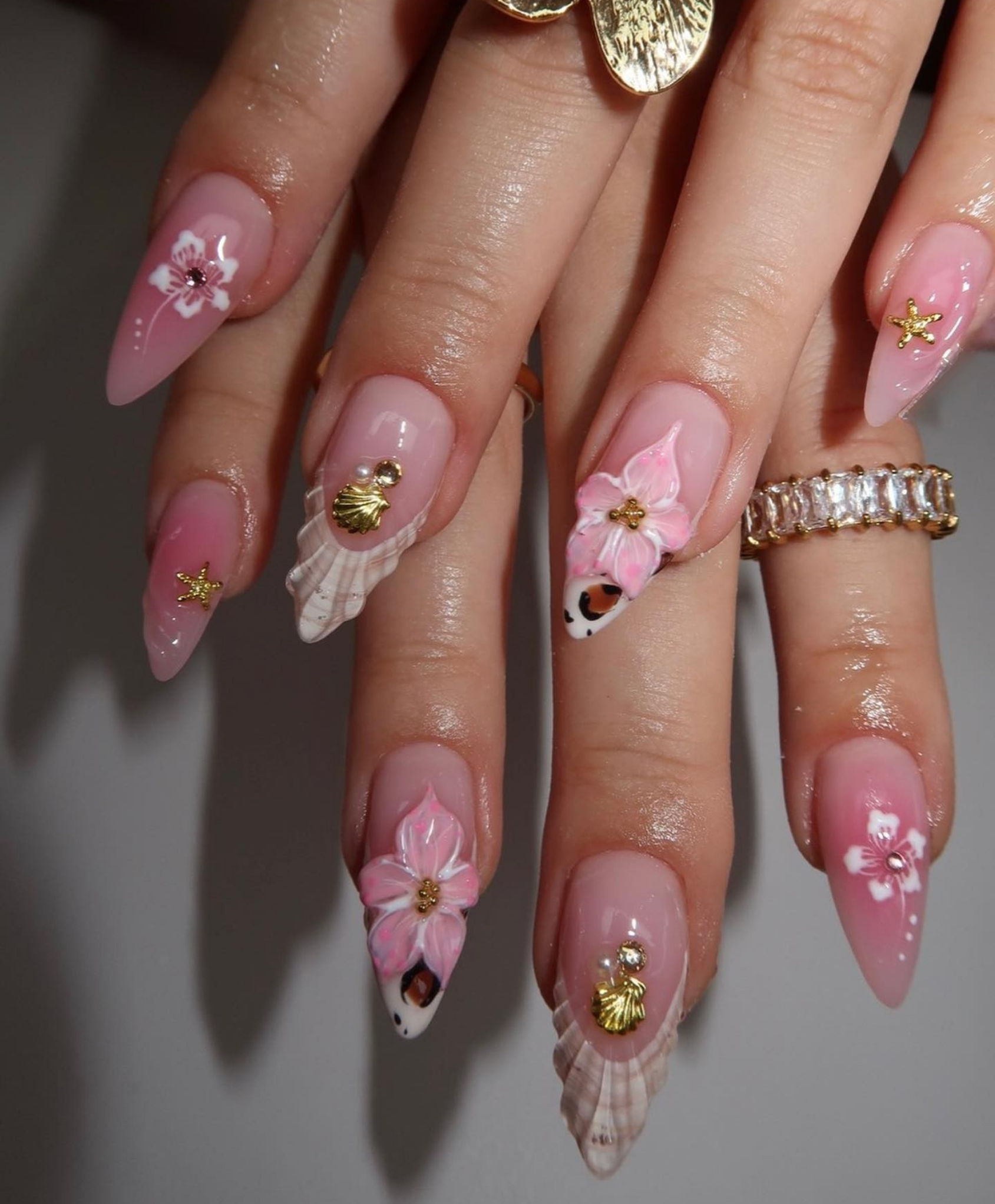 Handmade 3D Seashell & Pink Hibiscus Almond Press On Nails - Tropical Beach Mermaid Nails - Luxury Summer Vacation Nails for Party & Holiday