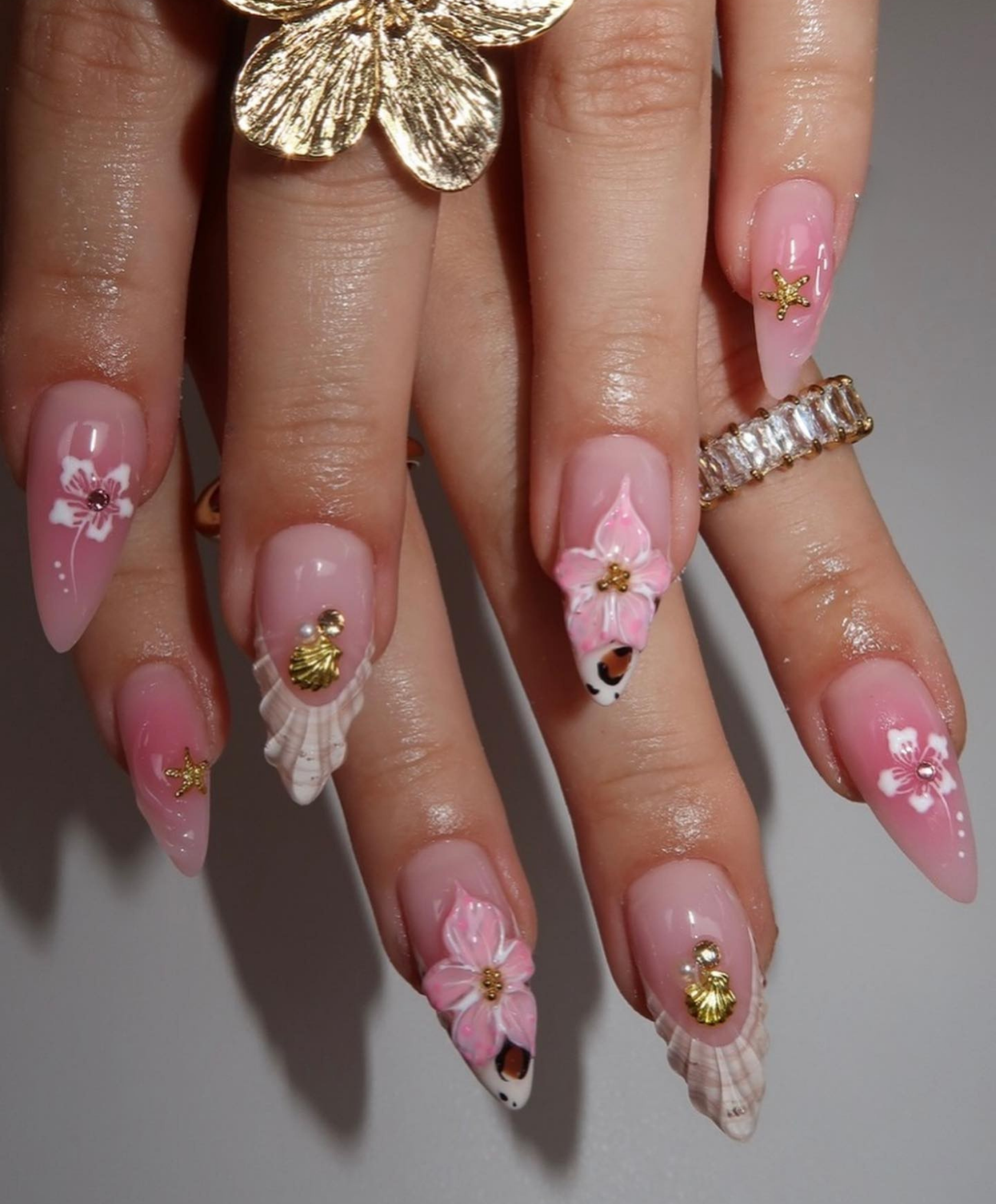 Handmade 3D Seashell & Pink Hibiscus Almond Press On Nails - Tropical Beach Mermaid Nails - Luxury Summer Vacation Nails for Party & Holiday