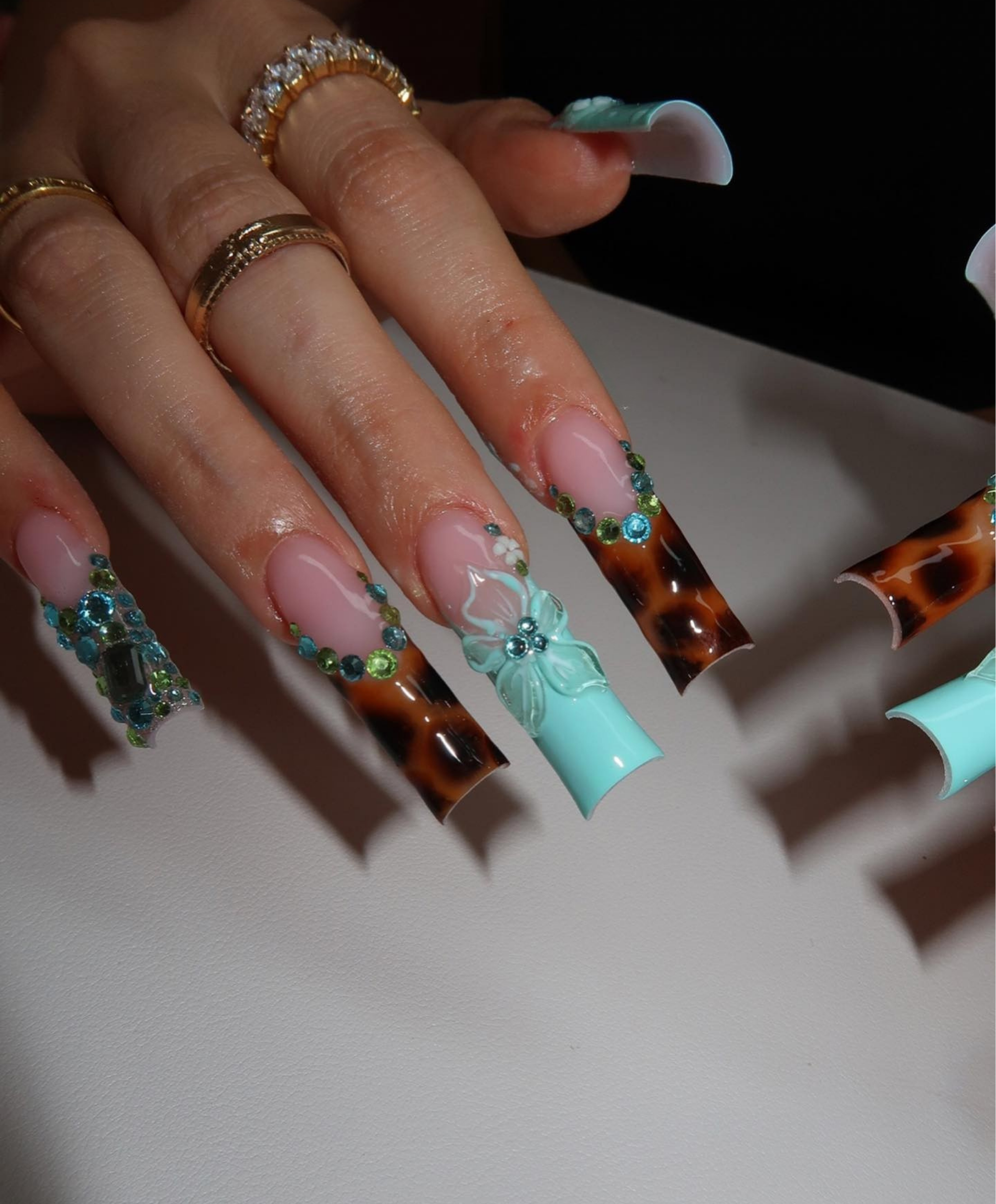 Tortoiseshell & Mint 3D Floral Press On Nails | Long Square Jungle Glam Nail Set | Green Rhinestone French Tip Nails | Luxury Safari Inspired Handmade Nails