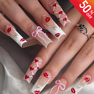 Red Kiss Press On Nails with 3D Pink Bow, White Heart Corset Nail Art, Cute Valentine Nails, Pink Ribbon Bow Nails, French Nails Tip Nails