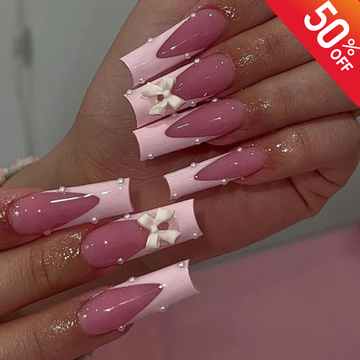 Pink Polka Dot Press On Nails | Long Square Kawaii Bow Pearl Nails | Pink French Tip Cute Spring Set | Valentines Press On Nails