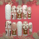 Gingerbread Sweater Nails, Cute Winter Nail Art, 3D Bow &amp; Cookie Design, Cozy Christmas Press On Nails for Holiday Season