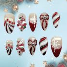 Candy Cane Christmas Press-On Nails, Red and White Glitter Holiday Nail Set with 3D Bows, Snowflakes, and Rhinestones