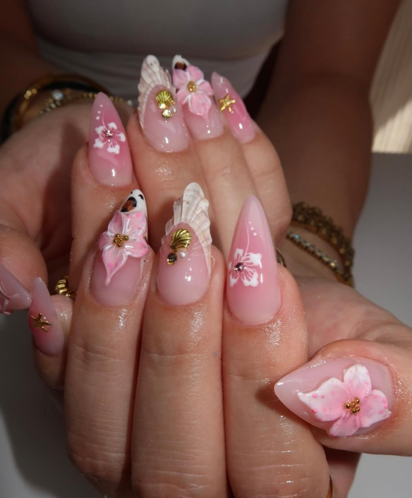 Handmade 3D Seashell & Pink Hibiscus Almond Press On Nails - Tropical Beach Mermaid Nails - Luxury Summer Vacation Nails for Party & Holiday