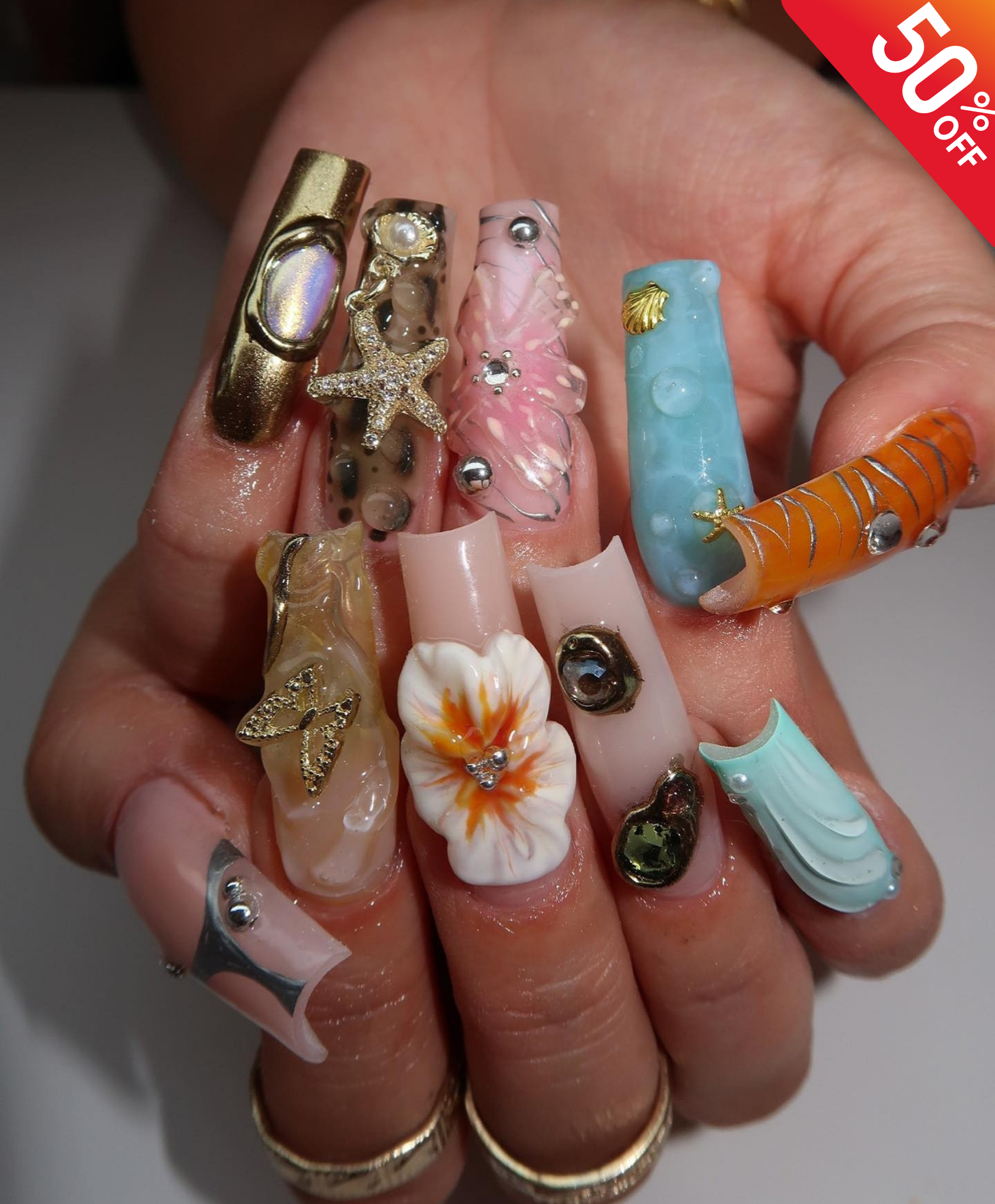 Handmade XL Square 3D Mermaid Fantasy Press On Nails | Luxury Tropical Flower & Gold Starfish Nails | Ocean Theme Baddie Nails for Vacation