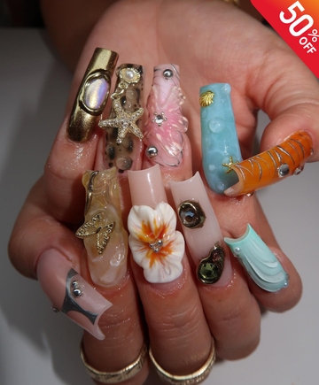 Handmade XL Square 3D Mermaid Fantasy Press On Nails | Luxury Tropical Flower & Gold Starfish Nails | Ocean Theme Baddie Nails for Vacation