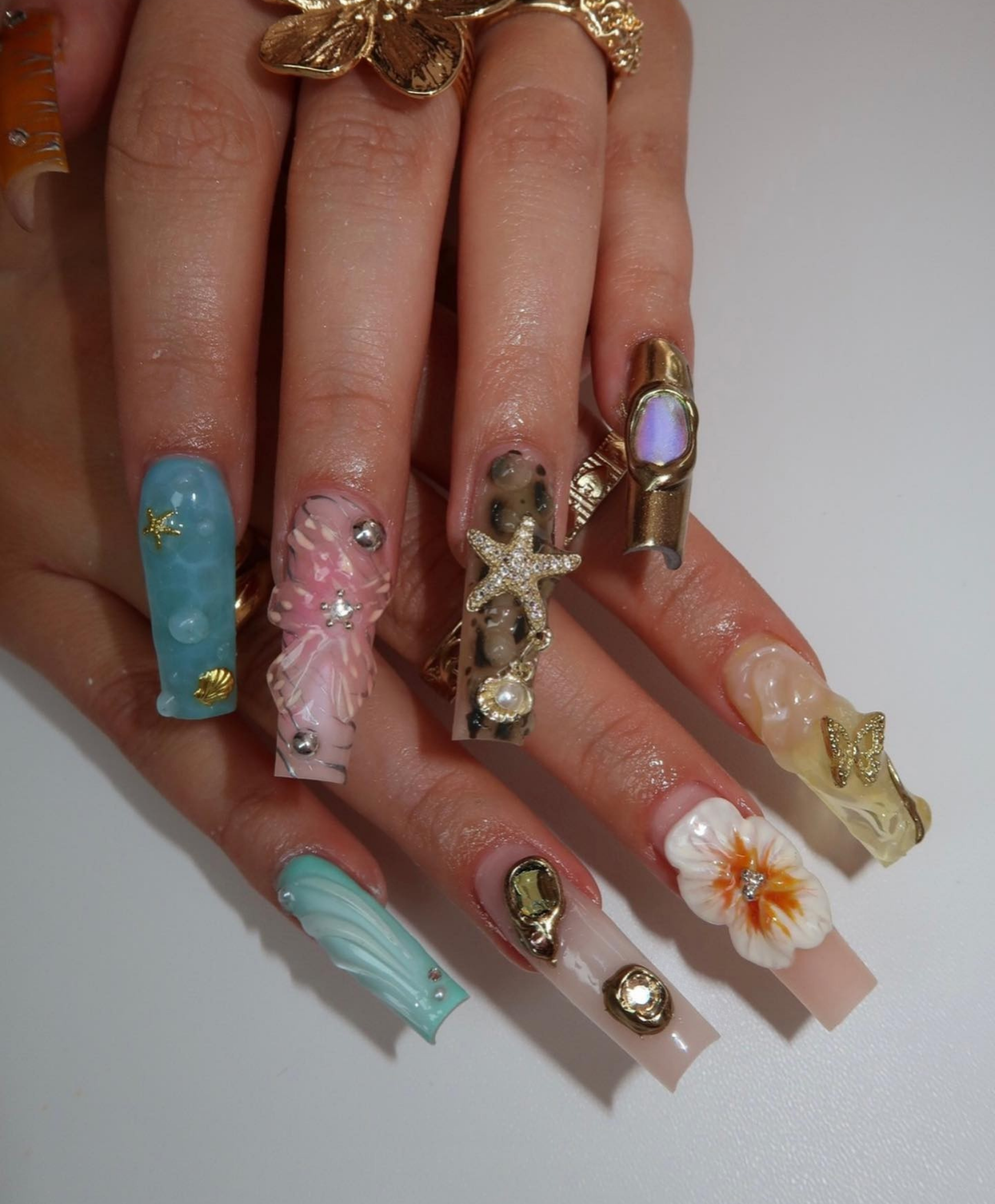Handmade XL Square 3D Mermaid Fantasy Press On Nails | Luxury Tropical Flower & Gold Starfish Nails | Ocean Theme Baddie Nails for Vacation