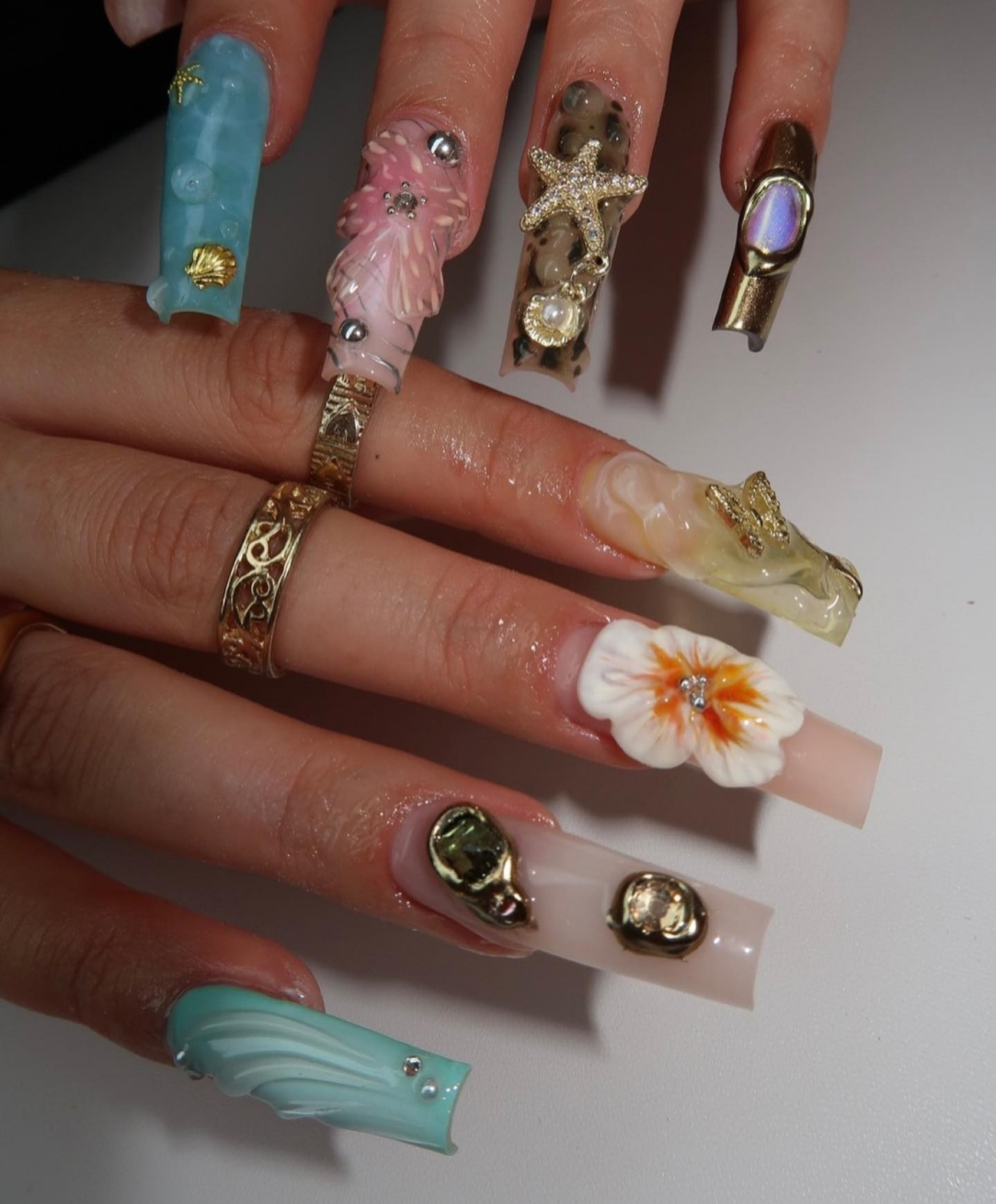 Handmade XL Square 3D Mermaid Fantasy Press On Nails | Luxury Tropical Flower & Gold Starfish Nails | Ocean Theme Baddie Nails for Vacation