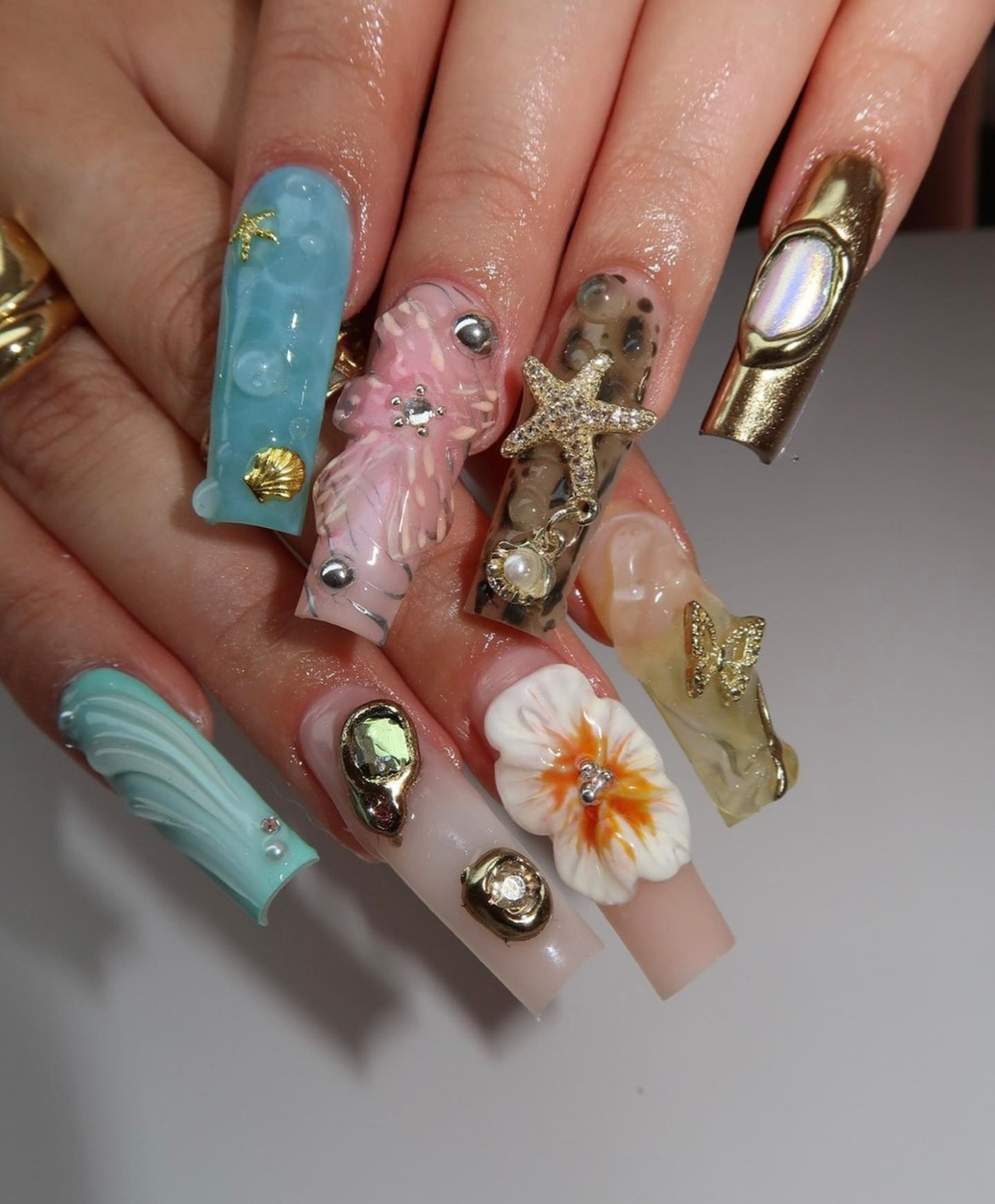 Handmade XL Square 3D Mermaid Fantasy Press On Nails | Luxury Tropical Flower & Gold Starfish Nails | Ocean Theme Baddie Nails for Vacation