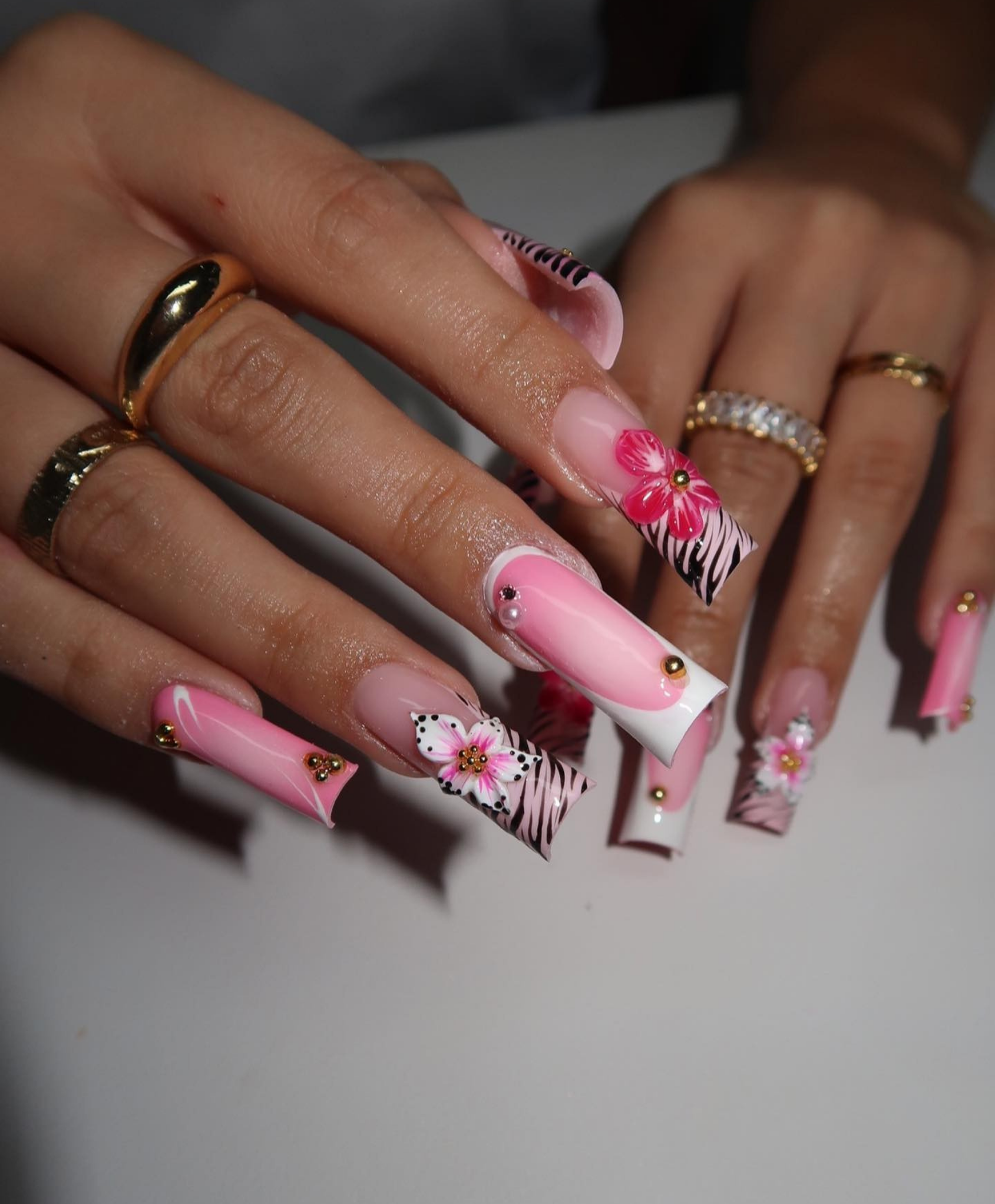 Handmade Pink Zebra Print 3D Flower Long Square Press On Nails | Luxury Y2K Baddie Nails | Hibiscus Floral Fake Nails for Birthday & Party