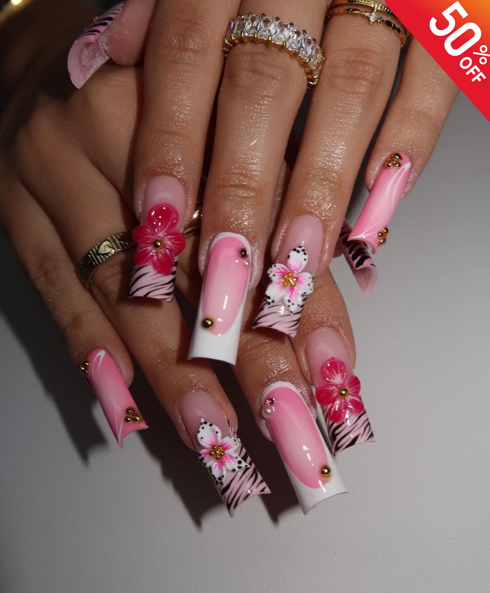 Handmade Pink Zebra Print 3D Flower Long Square Press On Nails | Luxury Y2K Baddie Nails | Hibiscus Floral Fake Nails for Birthday & Party