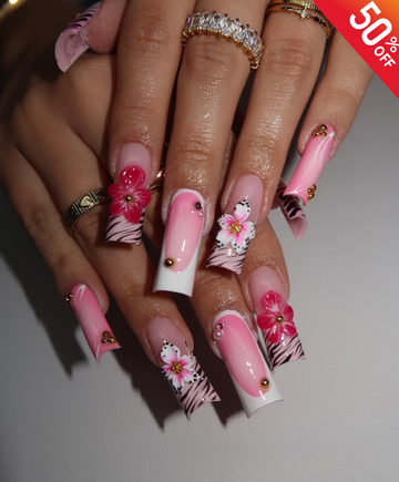 Handmade Pink Zebra Print 3D Flower Long Square Press On Nails | Luxury Y2K Baddie Nails | Hibiscus Floral Fake Nails for Birthday & Party