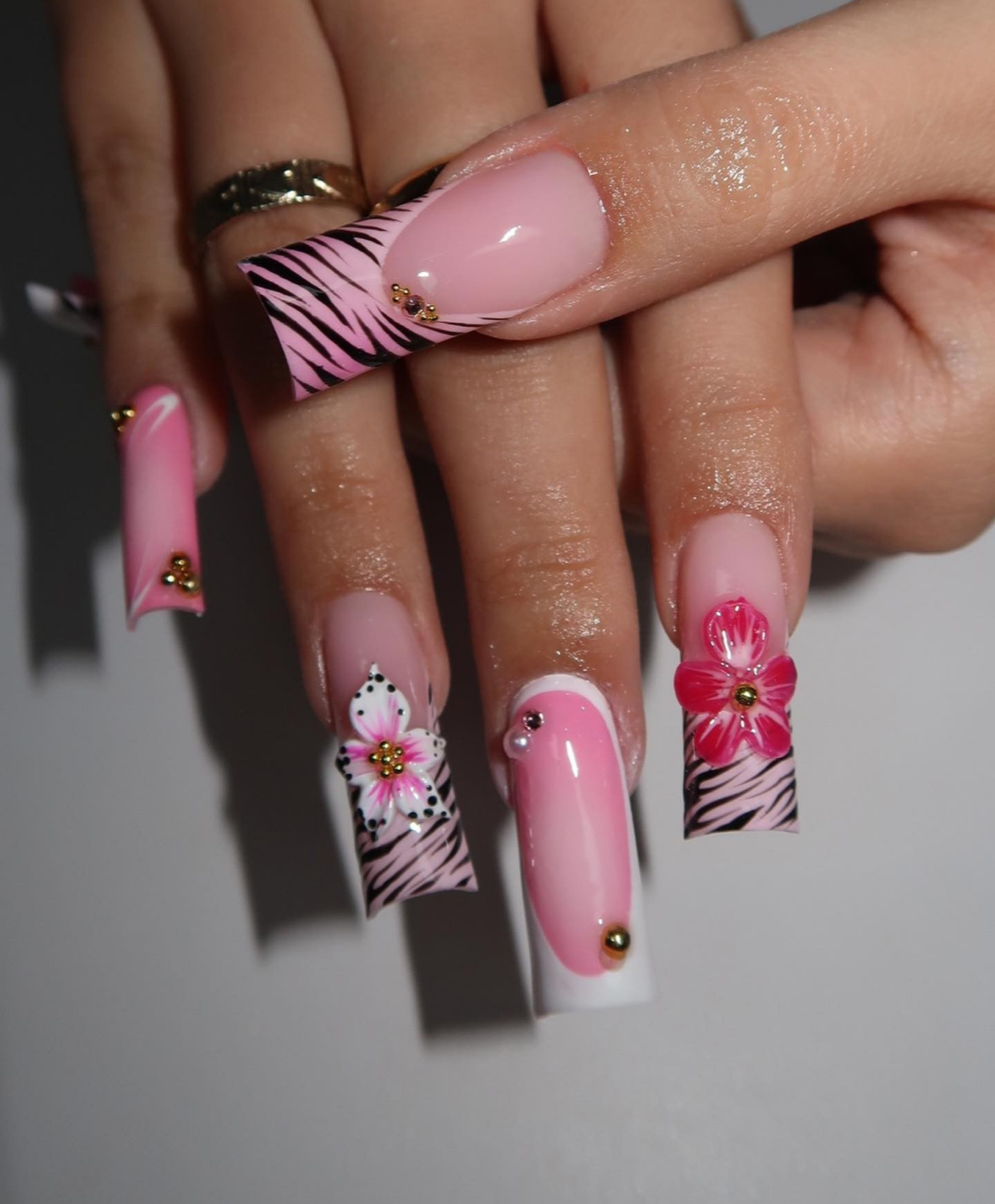 Handmade Pink Zebra Print 3D Flower Long Square Press On Nails | Luxury Y2K Baddie Nails | Hibiscus Floral Fake Nails for Birthday & Party