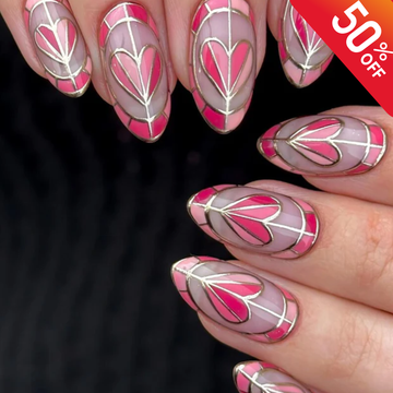 Pink Gold Heart Press On Nails, Stained Glass Almond Nail, Elegant Valentine Nails, Nude Pink Almond Nail, Luxury Handmade Romantic Nail Set