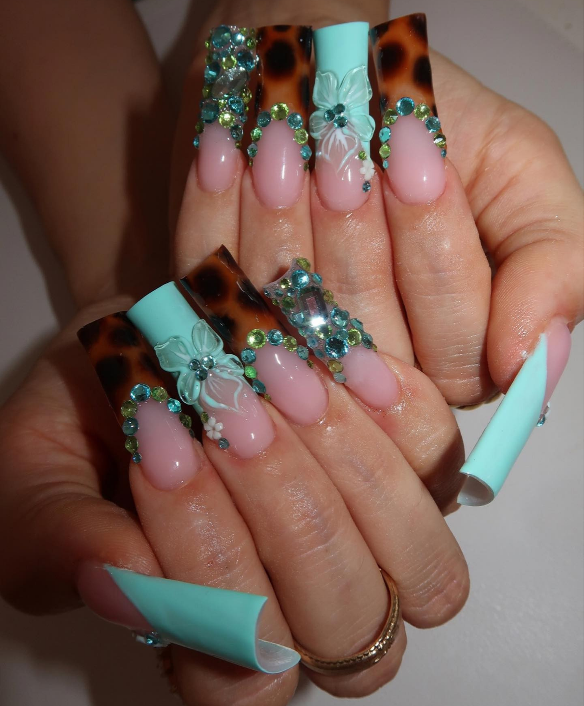 Tortoiseshell & Mint 3D Floral Press On Nails | Long Square Jungle Glam Nail Set | Green Rhinestone French Tip Nails | Luxury Safari Inspired Handmade Nails