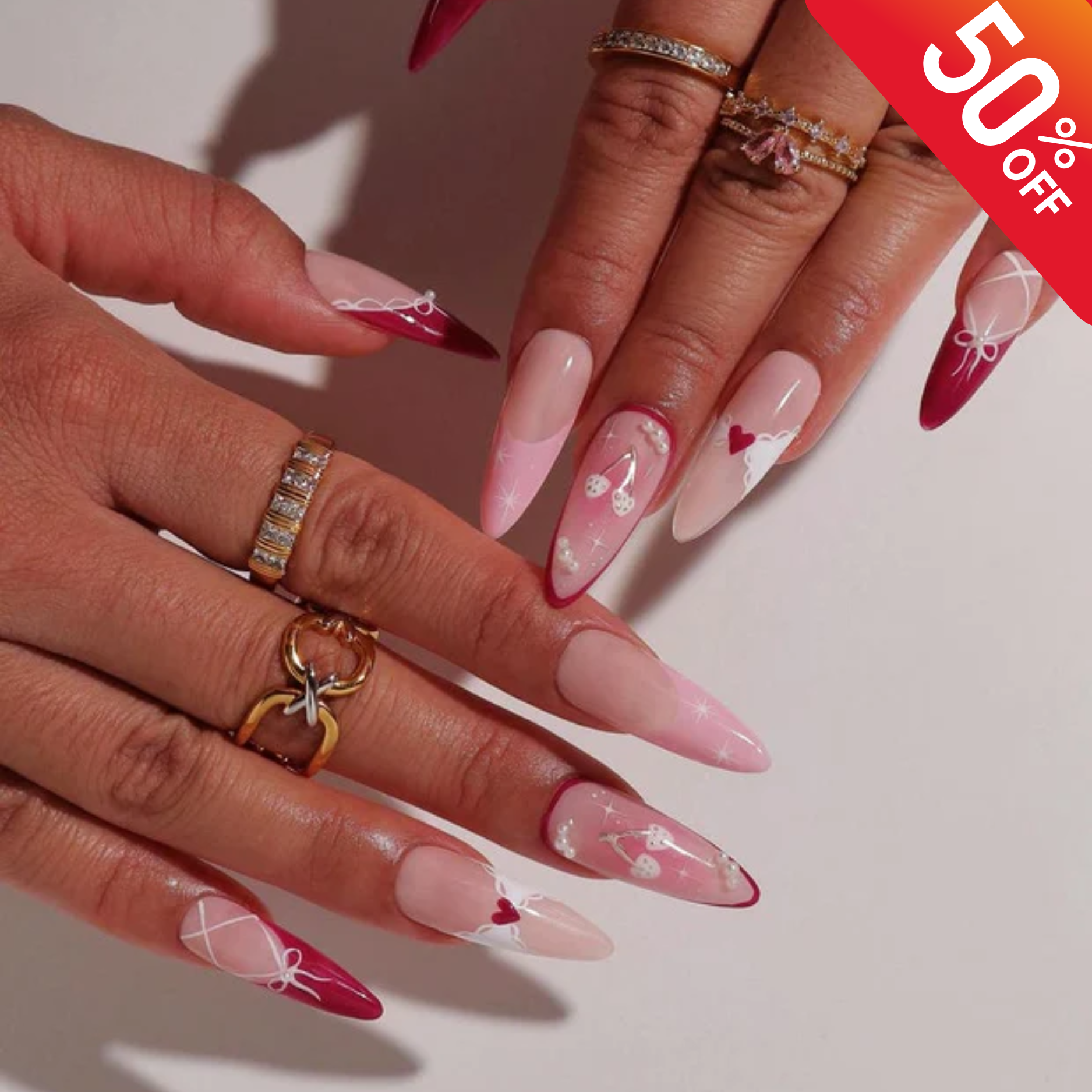 Valentine Press On Nails | Red & Pink Bow Nails | Heart Corset French Tip Nail Art | Cute Fake Nails | White Heart Corset French Tip Nails