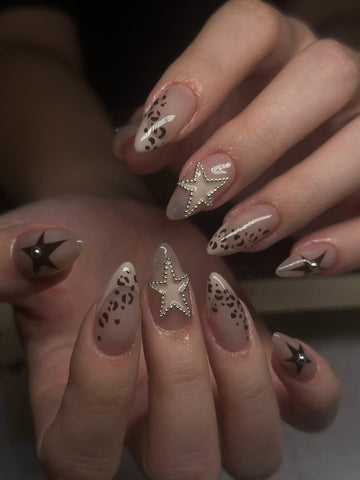 Wild Star Leopard Nude Press On Nails for Trendy Girls | Almond Neutral Fake Nails | Brown Animal Print & Crystal Star Nail Art