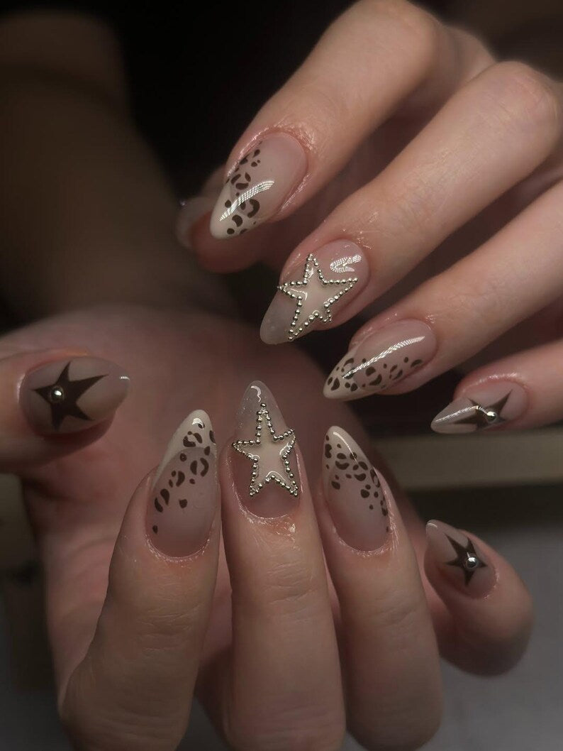 Wild Star Leopard Nude Press On Nails for Trendy Girls | Almond Neutral Fake Nails | Brown Animal Print & Crystal Star Nail Art