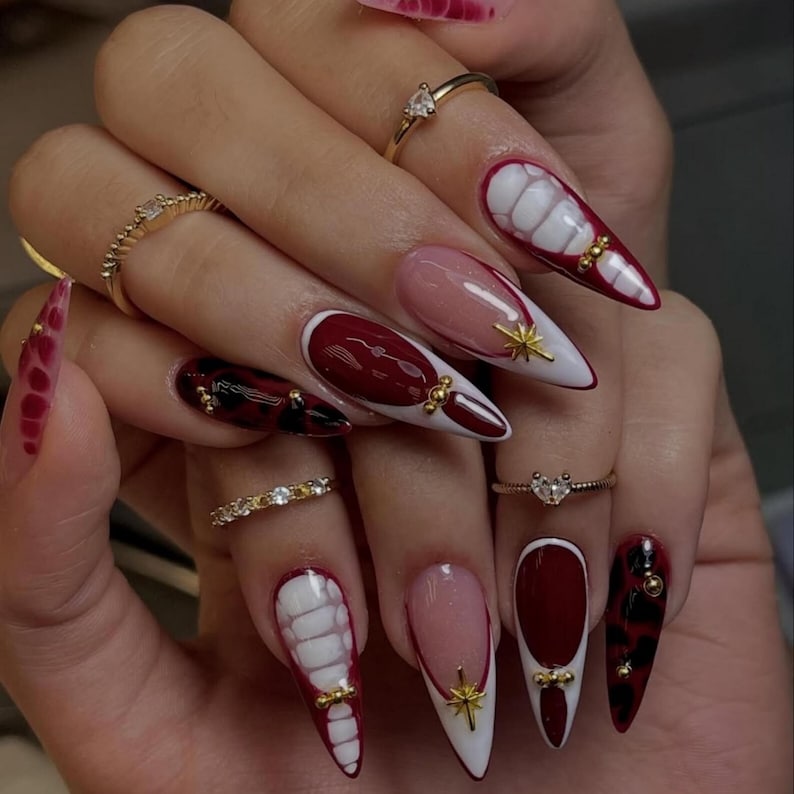 Luxury Burgundy Press On Nails | Elegant Red Ombre Fake Nails | Wine Red Nail Art | French Tip Nail Art | Elegant Nails | Handmade Nails