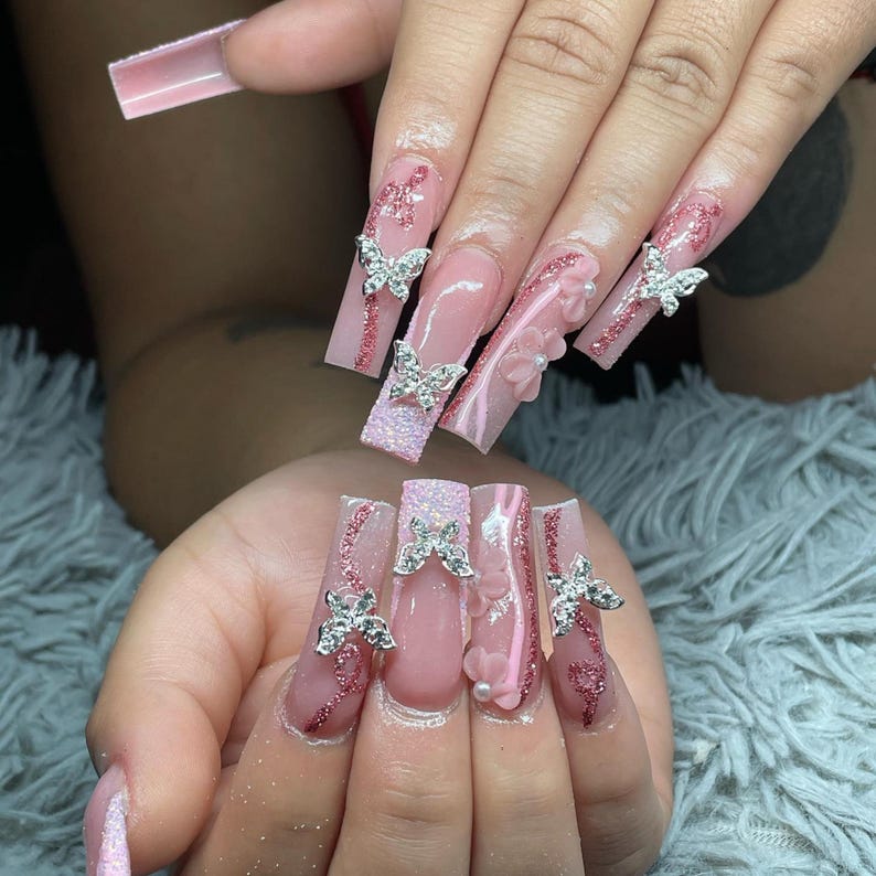 Pink Bloom Luxe Press On Nails | 3D Silver & Crystal Embellished Nails | White Hibiscus Floral Nail Art | Handmade Luxury Press Ons