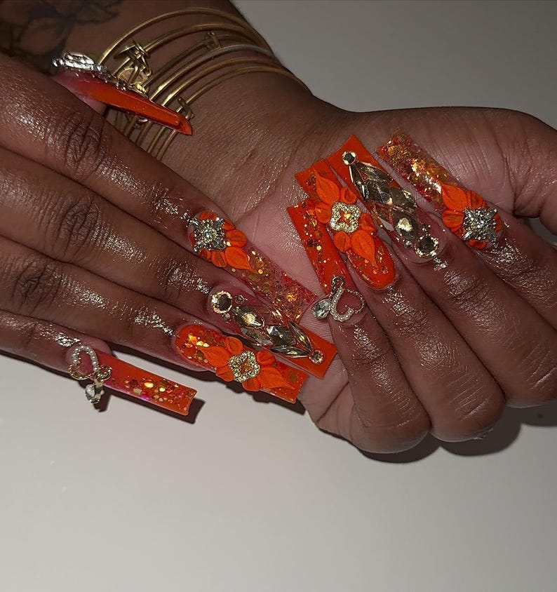 Luxury 3D Orange Flower & Crystal Heart Press On Nails | Vibrant Bling Glam Fake Nails | Rhinestone Floral Nail Art | Trendy Y2K Press Ons