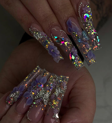 Purple Floral Press On Nails | Ombre Coffin Fake Nails | Luxury 3D Flower Butterfly Rhinestone | Y2K Nails | Photoshoot Editorial styling