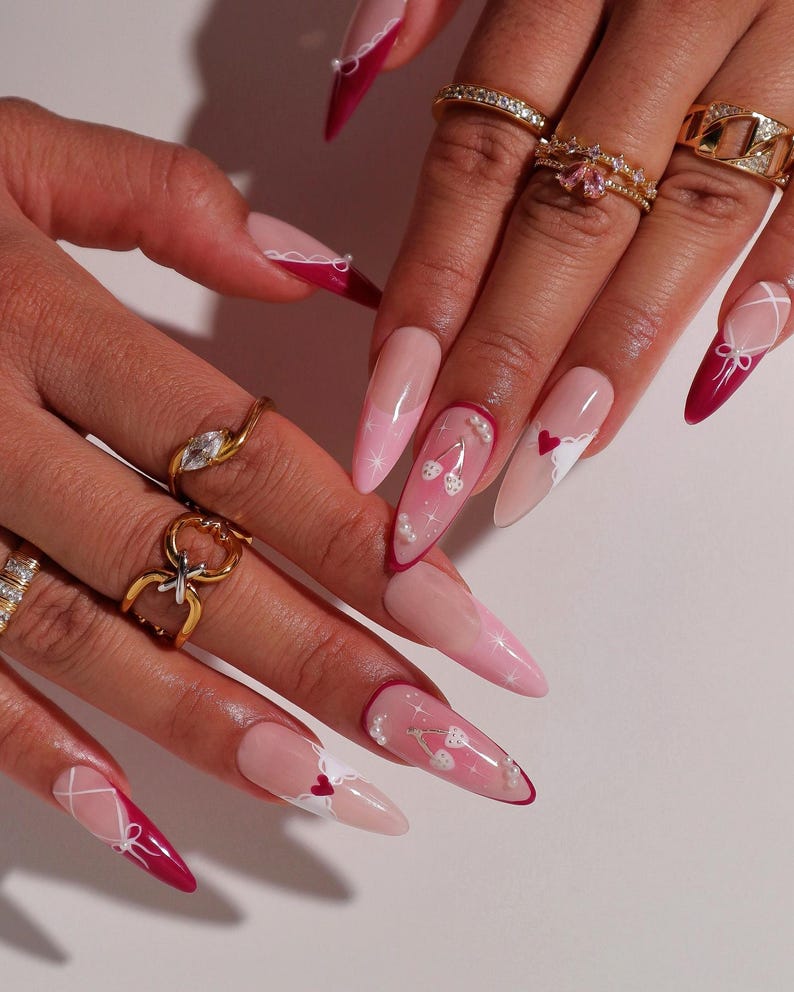 Valentine Press On Nails | Red & Pink Bow Nails | Heart Corset French Tip Nail Art | Cute Fake Nails | White Heart Corset French Tip Nails
