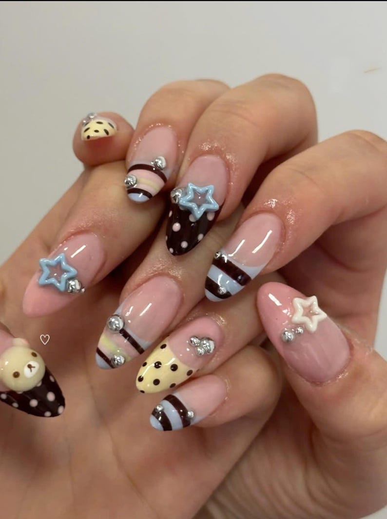 Handmade Cute Kawaii Press On Nails, Brown Chocolate French Tip Nails, Polka Dot Nail Art, 3D Bear and Star Design, Sweet Aesthetic Nail Set
