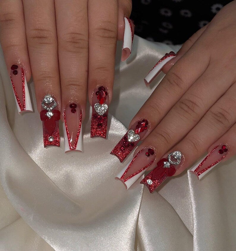 Red French Tip 3D Heart Charm Press On Nails | Glitter Valentine's Day Fake Nail | Handmade Romantic Nail Art for Date Night | Wedding Nails