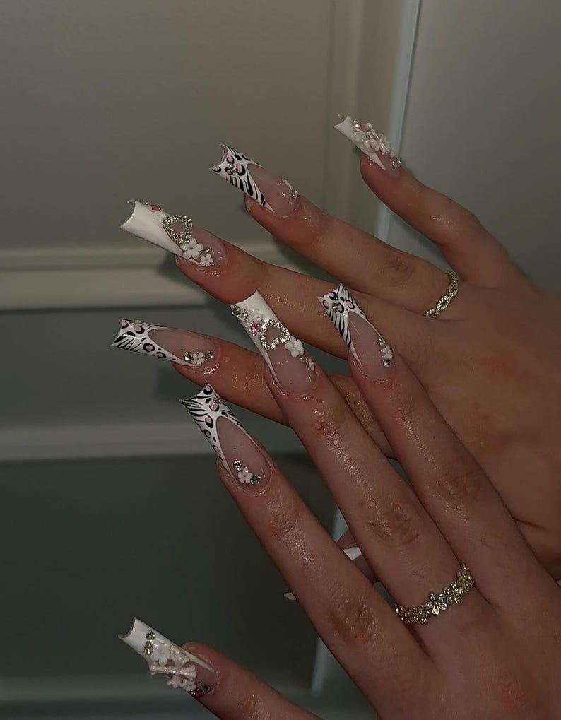Safari French Press On Nails | Zebra & Leopard Print Mix | 3D Heart Rhinestones | Trendy Long Square Press Ons | Cute Girly Nail Art