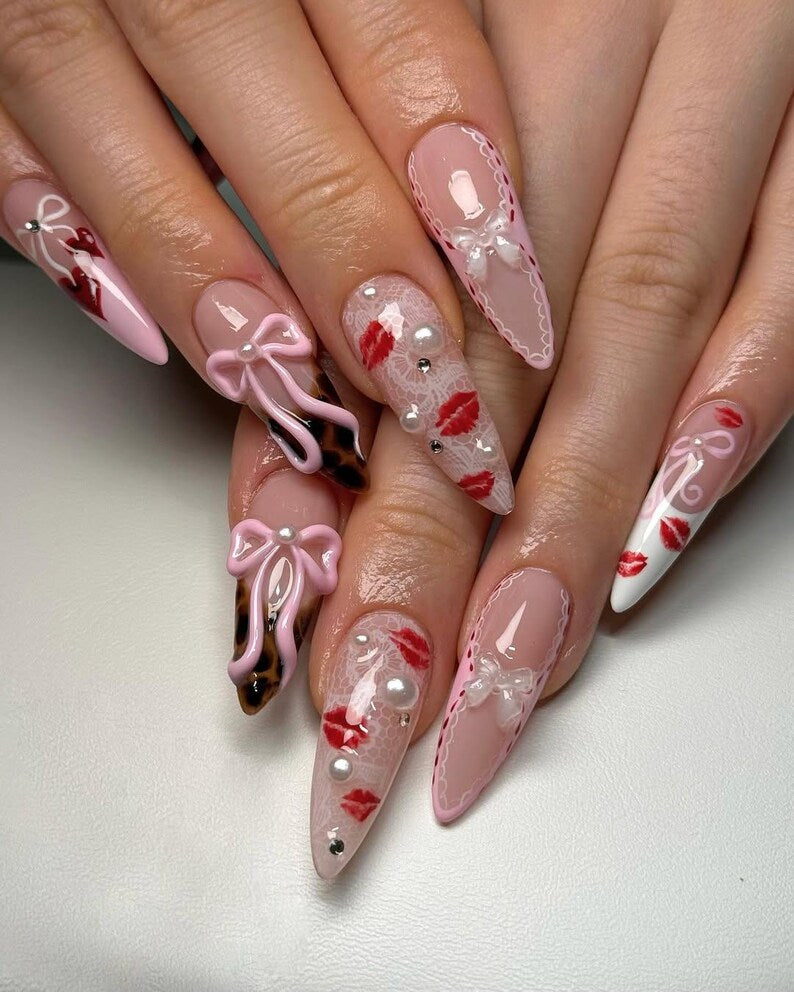 Pink Coquette Press On Nails, 3D Bow Nail Art with Lace and Red Kiss Accents, Cute Romantic Nails, Valentines nails