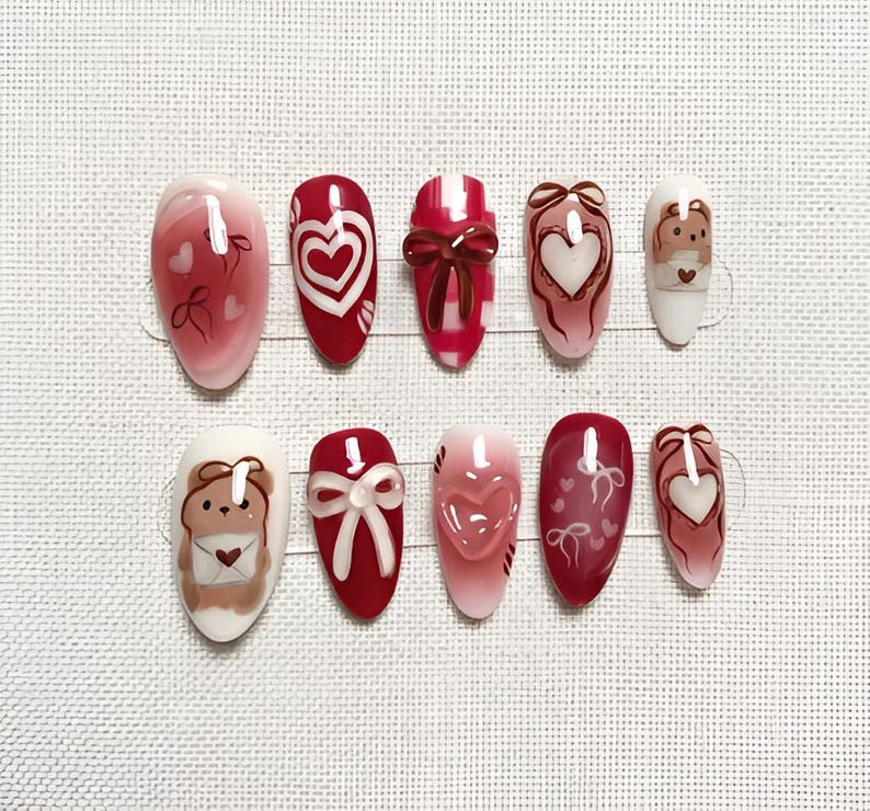 Valentine Brown Bear Heart Press On Nails, Red Pink Almond Set with Cute Bear Art, Love Hearts, Bow, Cute Coquette Nail Box for Dates, Gifts