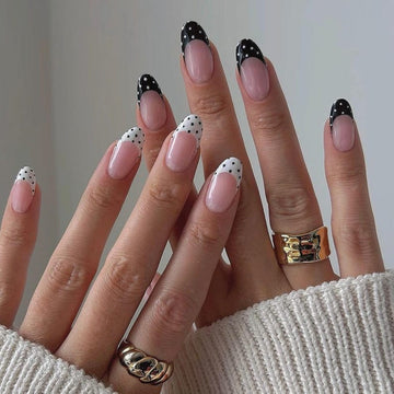 Black & White Polka Dot French Tip Press-On Nails – Classy Minimalist Almond Nail Set, Handmade Reusable Nail Art