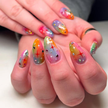 Rainbow Sparkle Press On Nails | Colorful Gradient Star Nails | Fun Festival Press Ons | Rhinestone Party Nails | Vibrant Nails