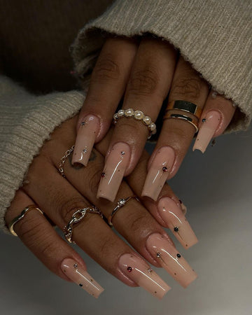 Nude Cat Eye Press On Nails | Long Square Stiletto 3D Gold Chrome Star Bling Nails | Cute Birthday Daily Nails | Pearl Customized Style