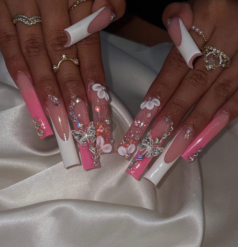 3D Butterfly and Flower Pink White French Tip XL Square Press On Nails | Rhinestone Glam Gyaru | Acrylic & Press On Nails Dreamy Pink Flower