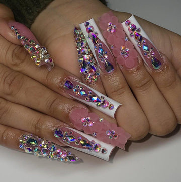 Handcrafted Luxury 3D Flower & Rhinestone Long Square Press On Nails | White French Tip Bling Fake Nails | Trendy Handmade Glam Press Ons