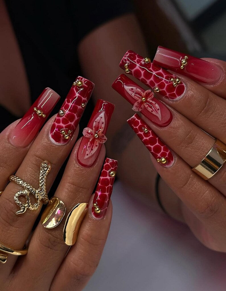 Red Floral Fall Press On Nails | 3D Flower & Gold Bead Nail Art | Glamorous Handmade Coffin Nails | Statement Red Luxury Press Ons